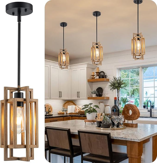 Farmhouse Pendant Light Fixtures, Retro Wood Texture and Black Finish Pendant Lights 59'' Adjustable Small Square Pendant Ceiling Hanging Light for Kitchen Island Dining Room Entryway
