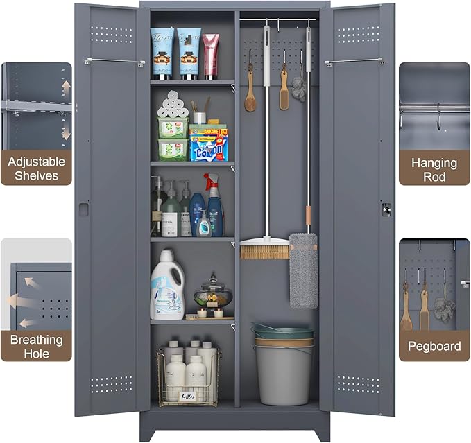 GREATMEET 72.8" Broom Storage Cabinet，Metal Storage Cabinets for Cleaning Supplies with Pegboard, Utility Closet, Broom Mop Cabinet, Grey