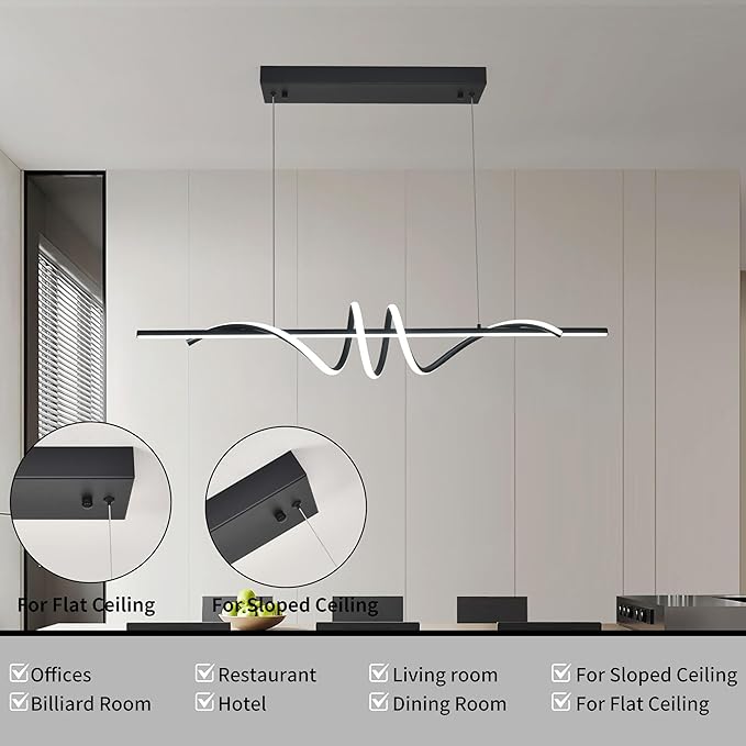 Modern LED Pendant Light, 39.37in Black Chandelier Dimmable with Remote & Phone Control,3000K-6000K Adjustable Color Temperature, Aluminum Modern Kitchen Light Fixture for Dining Room