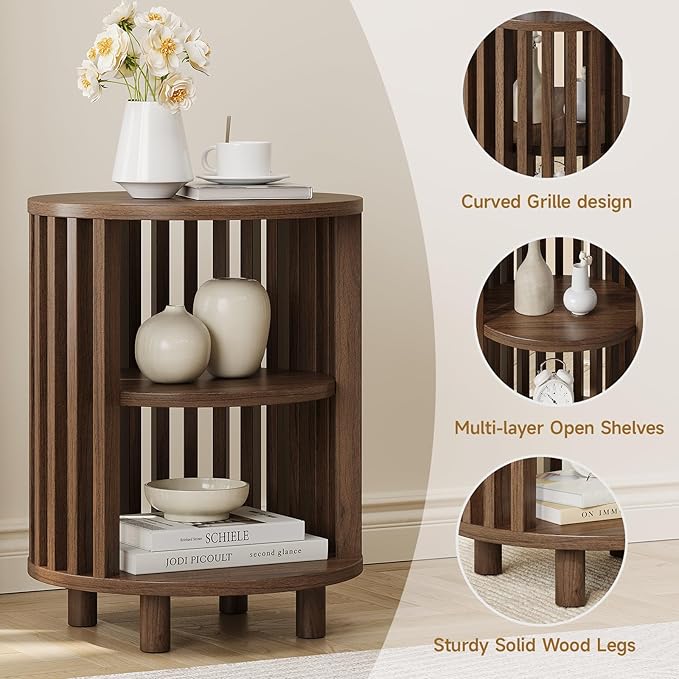 Round End Table, Wood Bedside Table, Mid Century Modern Nightstand with Open Storage Shelf, 3 Tier Small Side Tables for Living Room, Bedroom, Curved Profile Design, Walnut(2-Pack)