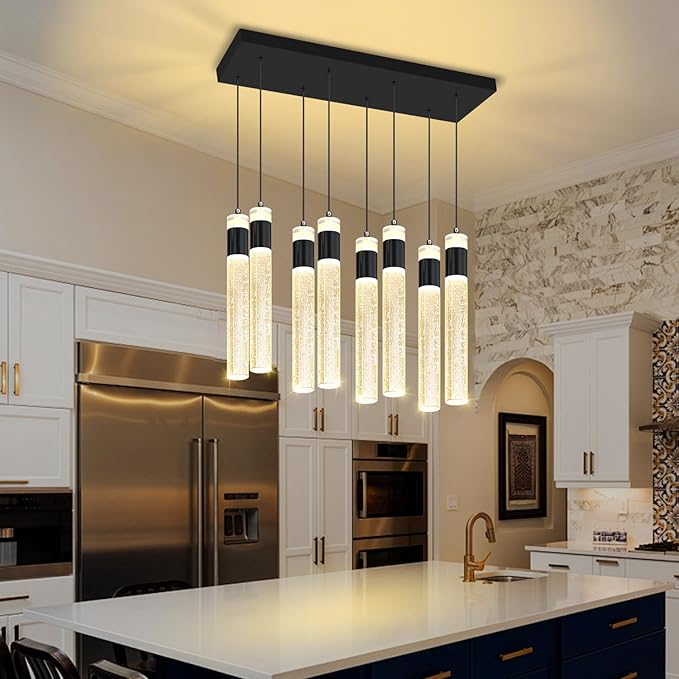 8-Lights Black Hanging Pendant Light for Kitchen Island Modern Dimmable LED Crystal Chandeliers for Dining Room Bedroom Living Room Over Table Adjustable Height