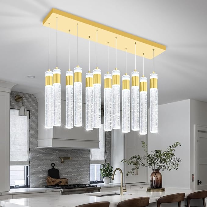 Glam Rectangular Crystal Column Chandelier for High Ceiling 12-Lights Gold LED Dimmable Pendant Light for Kitchen Island Dining Room Entrance Foyer Living Room Adjustable Height