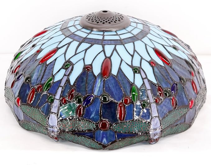 WERFACTORY Tiffany Style Table Lamp Blue Stained Glass Dragonfly Bedside Desk Reading Light Metal Base 16X16X24 Inches Decor Bedroom Living Room Home Office S004 Series