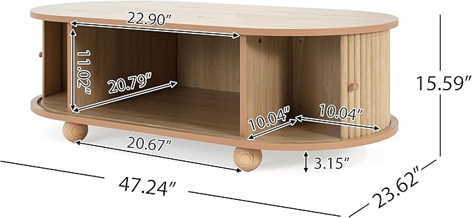 WILLIAMSPACE 47.24" Oval Coffee Table with Large Storage, Modern Luxury Wooden Drum Center Table with Round Legs for Living Room, Handcraft Accent Side Tea Table for Apartment, Natural