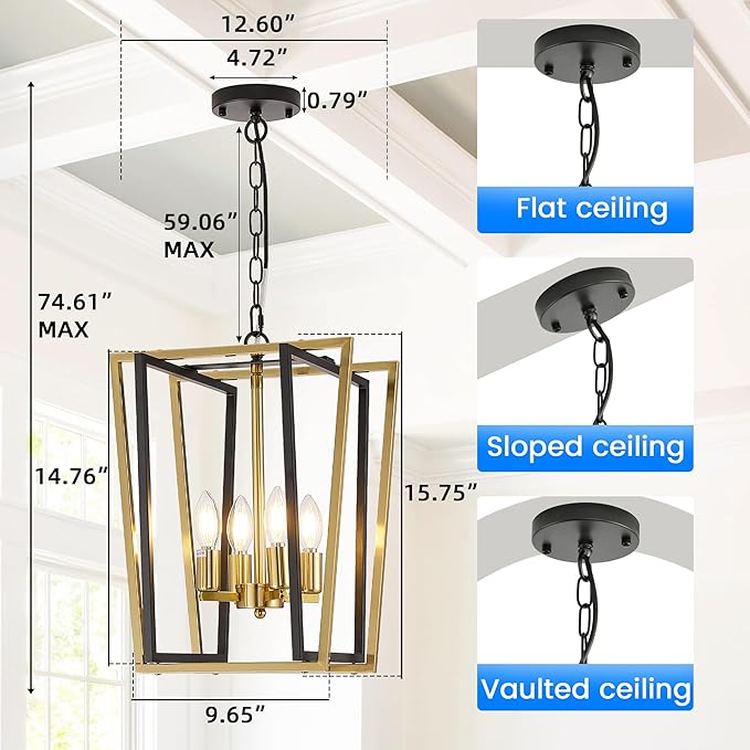 WJShome Industrial 4 Lights Chandelier, Black and Gold Lantern Ceiling Light Fixtures, Adjustable Height Farmhouse Geometric Hanging Light for Kitchen Island, Dining Room, Entryway