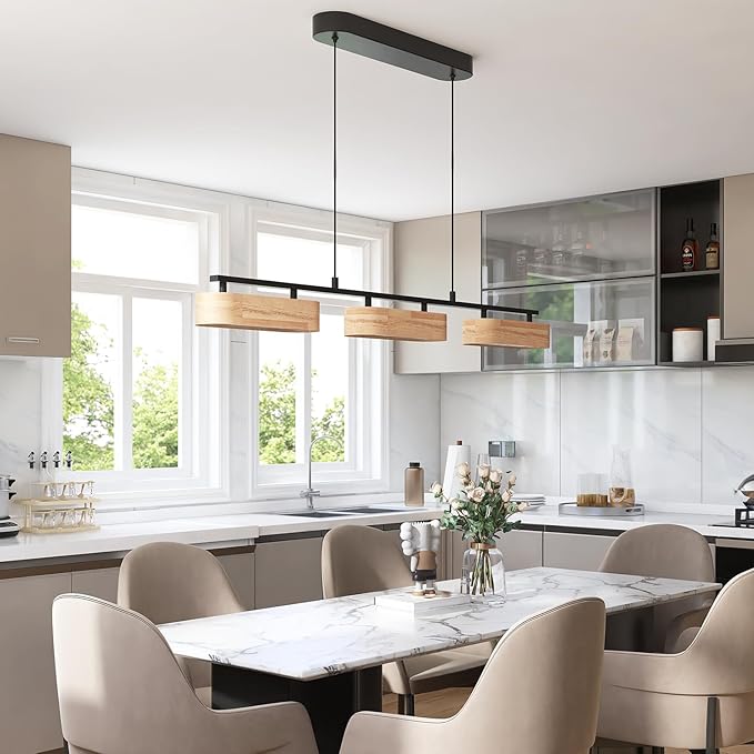 37.6" Linear Kitchen Island Lighting, 28W Wood Farmhouse Chandelier Dining Room Light Fixture, 3-Light Rustic Dimmable Pendant Lights for Kitchen Island Over Table