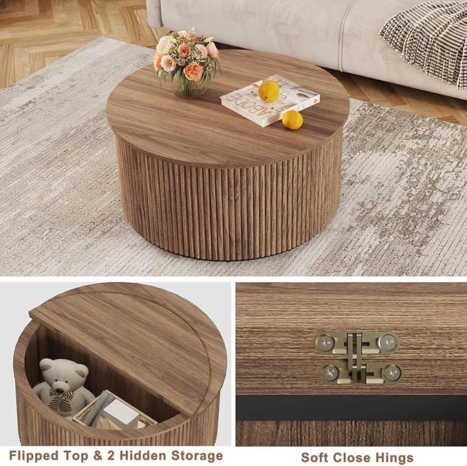 FATORRI Round Coffee Table, Fluted Woodern Center Table, Mid-Century Modern Coffee Tables for Small Space, Living Room, Bedroom (31.5 Inch, Walnut)