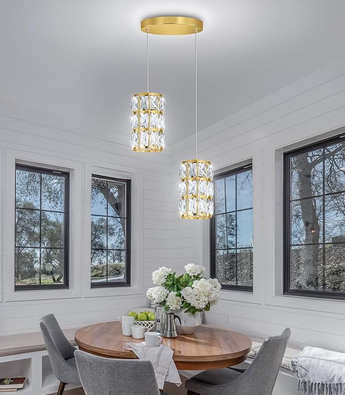 2-Lights Modern Crystal Pendant Lights for Kitchen Island LED Dimmable Glam Pendant Lighting Chandelier for Dining Room Hallway Corner Lamp Gold