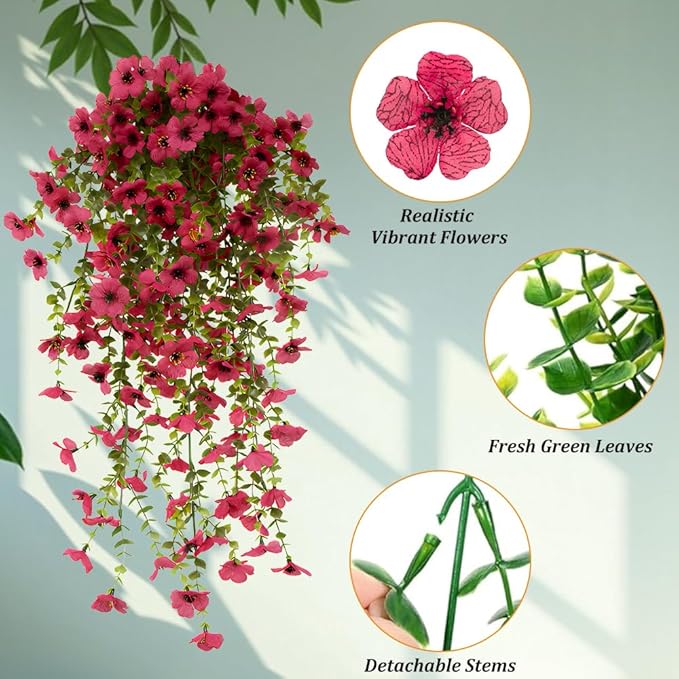 EROCK Artificial Flowers for Outdoors, 4PCS Fake Silk Hanging Flowers for Decoration UV & Fading Resistant, Realistic Faux Plants & Flowers for Porch Patio Balcony Window Box Home Decor (Rose Red)