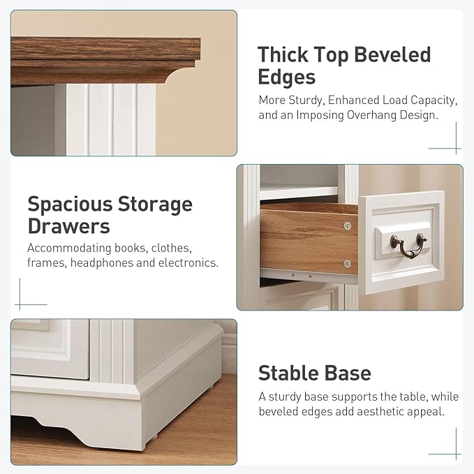 Farmhouse Nightstand Set of 2, Wooden Night Stand with Charging Station, LED Bedside Table with Drawers, Rustic Sofa Side Table, End Table for Bedroom, Living Room, White and Walnut