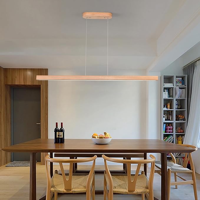 47" 36W 1-Light Wooden Led Linear Pendant Light Dimmable Led Chandelier Ceiling Hanging Light Fixtures Modern Chandeliers for Dining Room Kitchen Island Pool Table Lights Natural