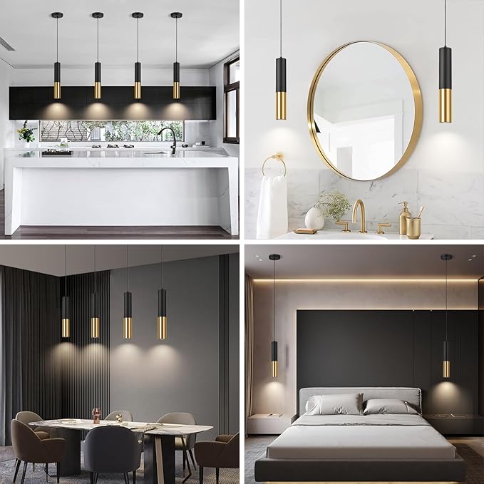 Modern Black Pendant Light Fixture for Kitchen Island, 1-Light Pendant Lighting, Lights Cord Adjustable, Matching GU10 lamp Holder,for Living Room Bedroom Dining Room (Black&Gold-3Pack)