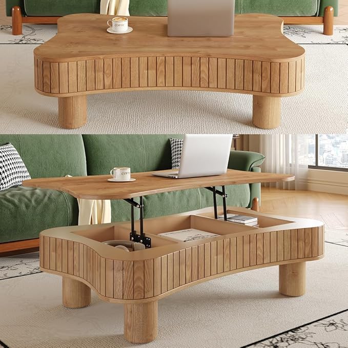 WILLIAMSPACE 42" Lift Top Coffee Table with Hidden Storage, Modern Luxury Wooden Center Table with Silent Hydraulic Lift, Curved Safety Corners, Accent Side Tea Table for Living Room, Light Brown