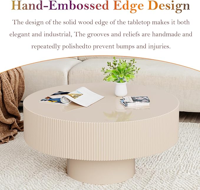 Round Drum Coffee Table, Modern Luxury Spacious Fluted Center Table for Small Space - Home Office Apartment (Lvory White)