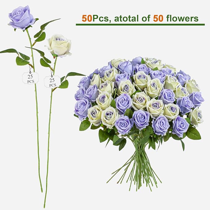 Artificial Flowers Roses Touch Fake Rose Bouquet Flower Stem for Wedding Centerpieces DIY Wreath Home Decorations Silk Roses Mothers Party Fake Outdoor Flowers Decor 19.6"(Mix50PCS)