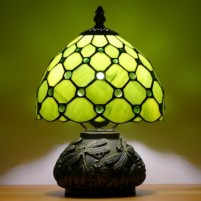 Small Tiffany Lamp Mini Stained Glass Table Lamp Green Yellow Pearl Style Mushroom Accent Lamp 8X11 Inch