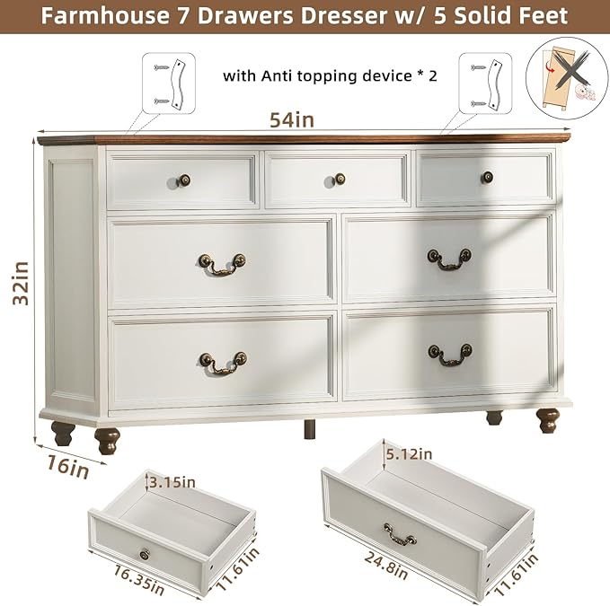 Farmhouse 54" 7 Drawers Dresser for Bedroom, White Wood Chest of Drawers w/ 4 Wooden Legs, Vintage Closet Storage Dressers Organizer for Hallway, Rustic Large TV Stand for Living Room, Foyer