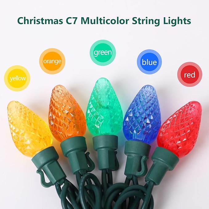 2-Set C7 Led Christmas String Lights, 25.16ft 50 LED Waterproof Decorative Light Strand, Extendable Green Wire String Lights for House, Christmas Tree, Patio, Party Decoration, Multicolor