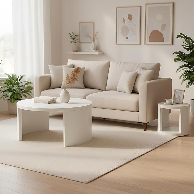 Round Coffee Table Set of 2, Nesting Coffee Tables with Storage,Living Room Table Set,Modern Wood Center Table for Living Room,Apartment,31.5" & 18" Coffee Table Set,White