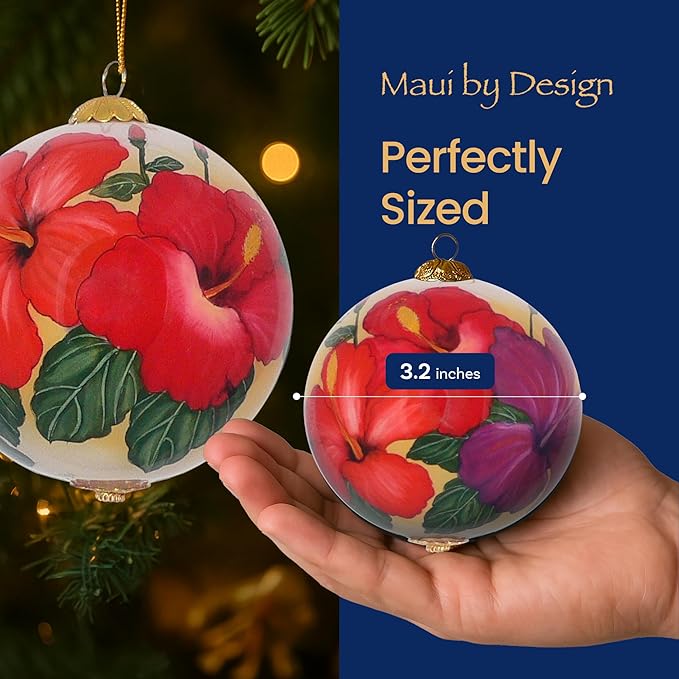 Collectible Hawaii Christmas Ornament Hibiscus Hand Painted from Inside The Glass, with Protective Gift Box, RH/H