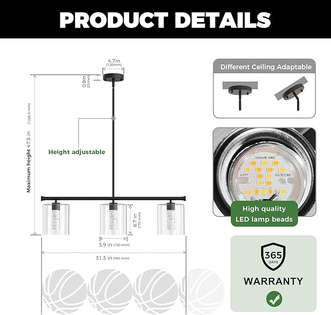 DORESshop 3-Light Chandelier for Dining Room Light Fixture Over Table, 31.3" Modern Black Chandelier with Glass Shades, Adjustable Hanging Pendant Lights Kitchen Island with Remote, 3CCT