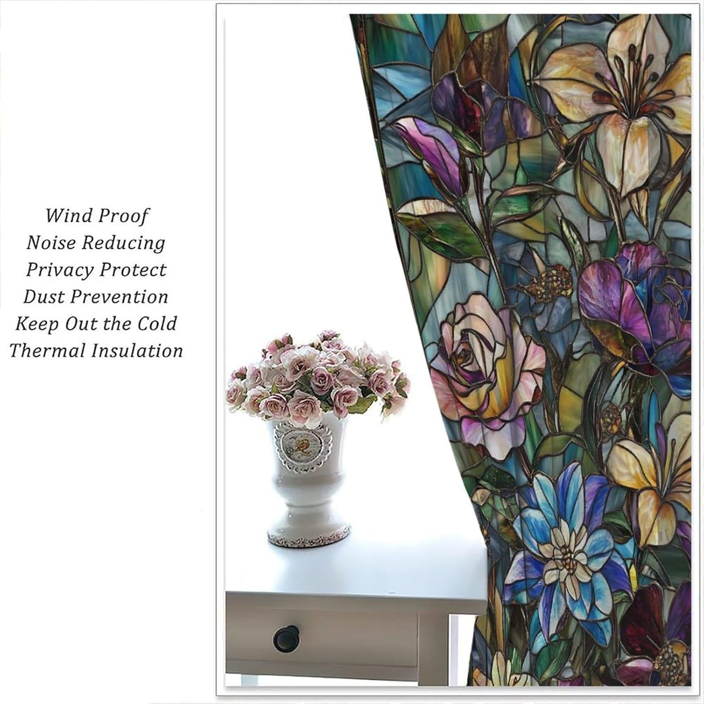 Stained Glass Curtains,Retro Colored Glass Flowers Art Home Decor Drapes for Bedroom Living Room Kitchen Window Treatment 2 Panels Set Total Size 42" W X 45" L Inch