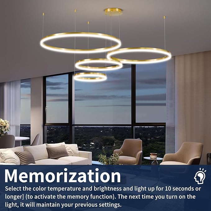 4 Rings Gold Modern LED Chandelier, Circular Dimmable Pendant Light with Remote Control, Adjustable Hanging Ceiling Lighting Over Table for Living Room, Dining Room, Foyer, Kitchen Island