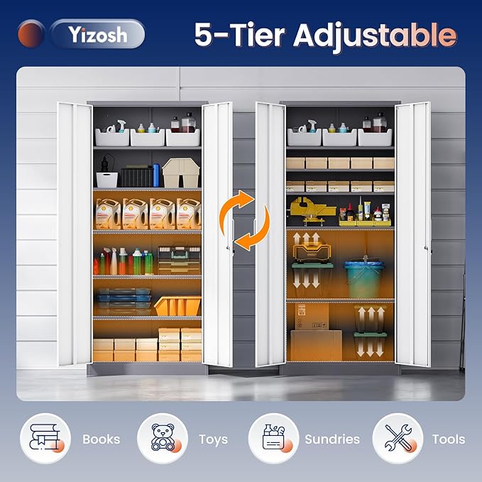 Yizosh Metal Garage Storage Cabinet with 2 Doors and 5 Adjustable Shelves - 71" Steel Lockable File Cabinet,Locking Tool Cabinets for Office,Home,Garage,Gym,School (Gray White)