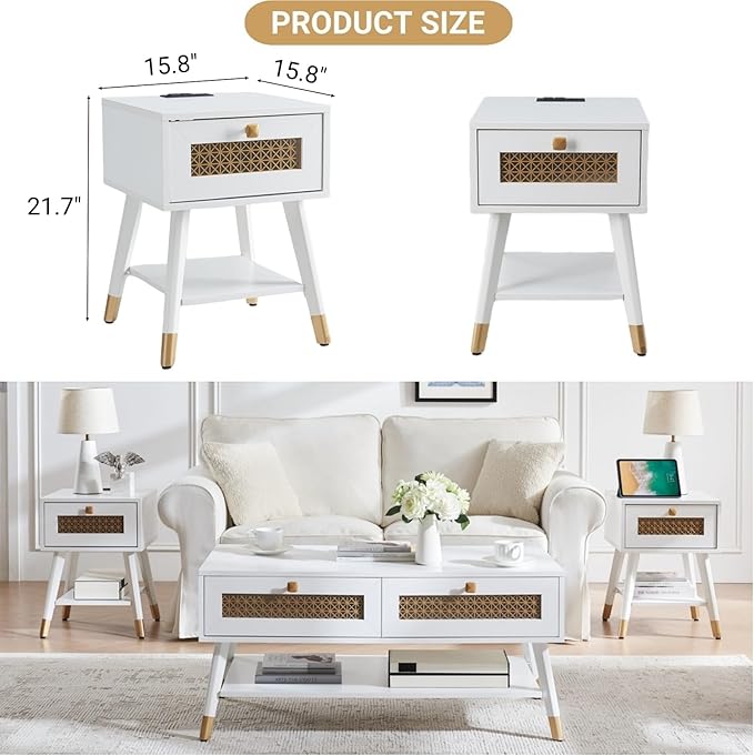 Small White Side Table for Living Room & Bedroom, Boho Nightstand with USB Ports & Outlets, Storage Drawer & Open Shelf, Mid Centry Style Furniture for Home Decor