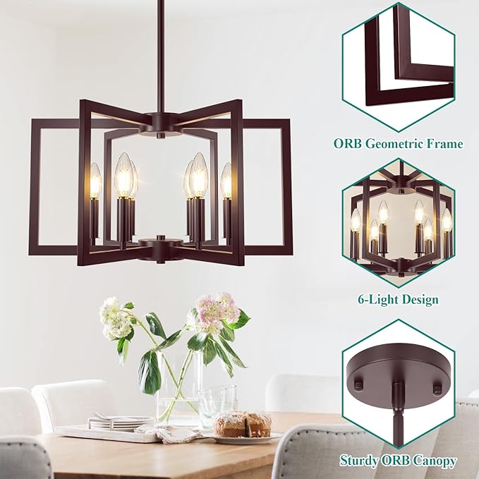 6-Light Oil-Rubbed Bronze Chandelier, Farmhouse Dining Room Light Fixture, Modern Chandelier, Geometric Industrial Metal Hang Lighting Fixture for Foyer Entryway Kitchen Over Table Hallway Living Room