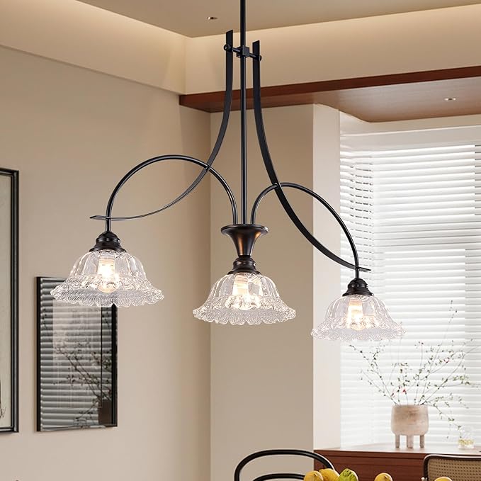 Vintage Pendant Light Fixtures for Kitchen Island,3-Light Black Dinner Room Chandelier with Flower Lampshade, Adjustable Height Hanging Light Fixture for Hallway Entryway