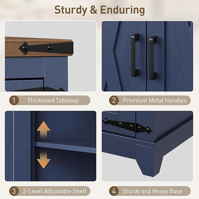 Farmhouse End Table Set of 2, End Tables Living Room, Large End Table with Charging Station, Square Side Table with Adjustable Shelf, Wooden Nightstand for Bedroom, Ink Blue and Walnut