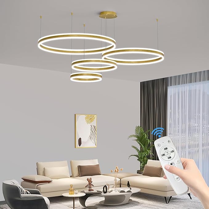 Modern LED Chandelier Light, 4 Ring Gold Pendant Lighting Fixture, Adjustable Hanging Ceiling Lamp for Dining Room, Kitchen Island, Entryway, Living Room, Dimmable Dining Light Over Table