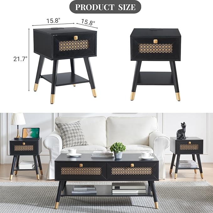 Black Farmhoue Side Table with Charging Station - Small Rustic Nightstand with USB Ports & Outlets, Storage Drawer & Open Shelf, Mid Century Modern Style Furniture for Living Room, Bedroom