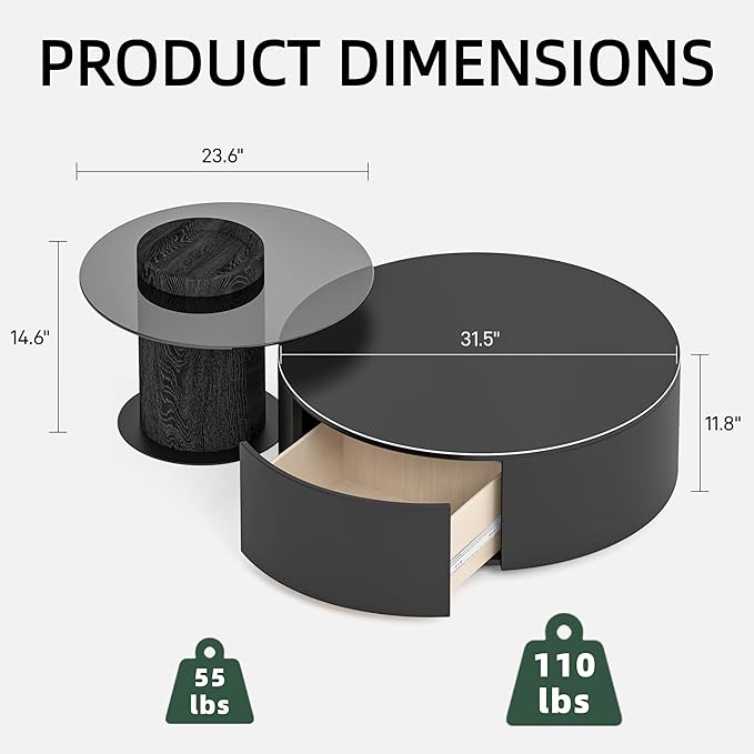 Round Coffee Table Set of 2 with Hidden Storage for Living Room, Modern Nesting Circle Center Coffee Table with Tempered Glass Top and Carbon Steel Base for Home Office, Easy Assembly, Black