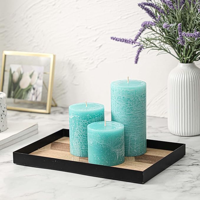 3x6 Inch Turquoise Pillar Candles Set of 3 - Unscented Candles, Long Clean Burning, Large Big Candles, Smokeless Dripless Pillar Candles for Dinner Table, Wedding, Home, Bathroom, Rustic Decor