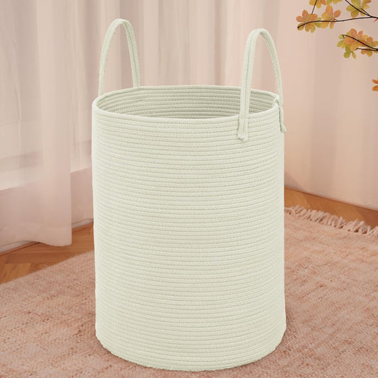 Large Woven Laundry Basket Hamper,60L Cotton Rope Storage Bin for Blankets,Toys and Clothes,Decorative Tall Nursery Hamper for Living Room,Baby Nursery,Bathroom and Bedroom,White