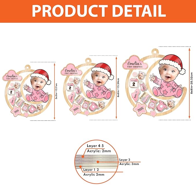 Personalized Baby's First Christmas Ornament 2025 - Custom Birth Stats Shaker Ornaments - Customized Photo Keepsake Ornaments - Xmas Tree Decoration - Gifts for Christmas