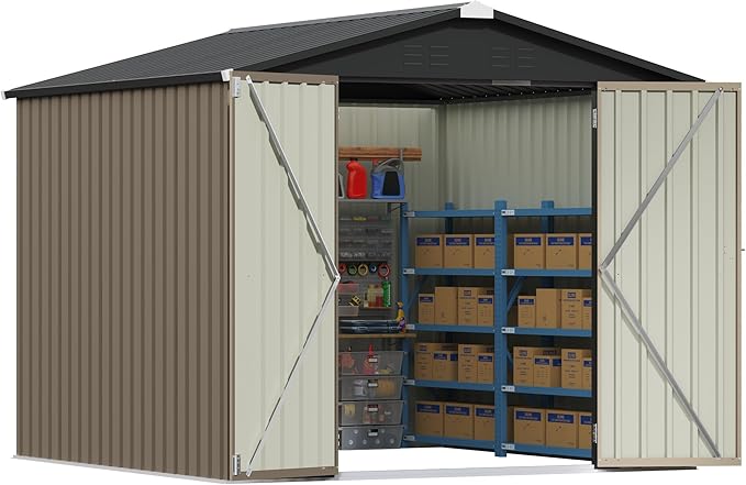 Patiowell 8x8 FT Outdoor Storage Shed, Heavy Duty Tool Metal Sheds with Lockable Doors and Updated Frame Structure for Backyard Patio Lawn, Brown