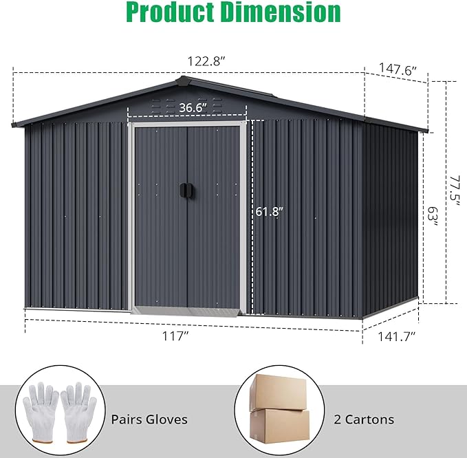 10X12 Ft Outdoor Metal Storage Shed with Roof, Weatherproof Steel Tool Shed with Lockable Door for Lawn Mower, Bike & Garden Equipment Storage