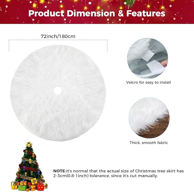 72 Inch Christmas Tree Skirt Faux Fur Snow White Luxury Plush Large Size Fluffy Home Holiday Decor Xmas Gift