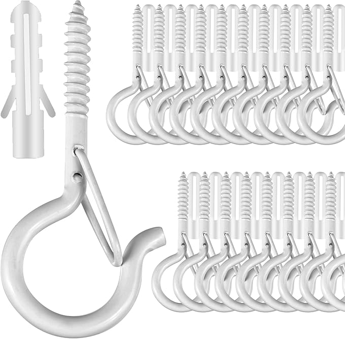 35 PCS Screw-in Hooks for Outdoor String Lights, Q Hangers Hooks Outdoor for Outside, Swivel Hanging Basket Patio Light Hooks with Safe Buckle Screw in Planter Eye Hook for Wall Ceiling, White