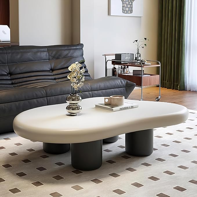 48 Inch Cloud Coffee Table, Modern Coffee Table for Living Room, Large Wood Coffee Side Table with Irregular Tabletop and 4 Sturdy Legs for Home Office Bedroom, White and Black