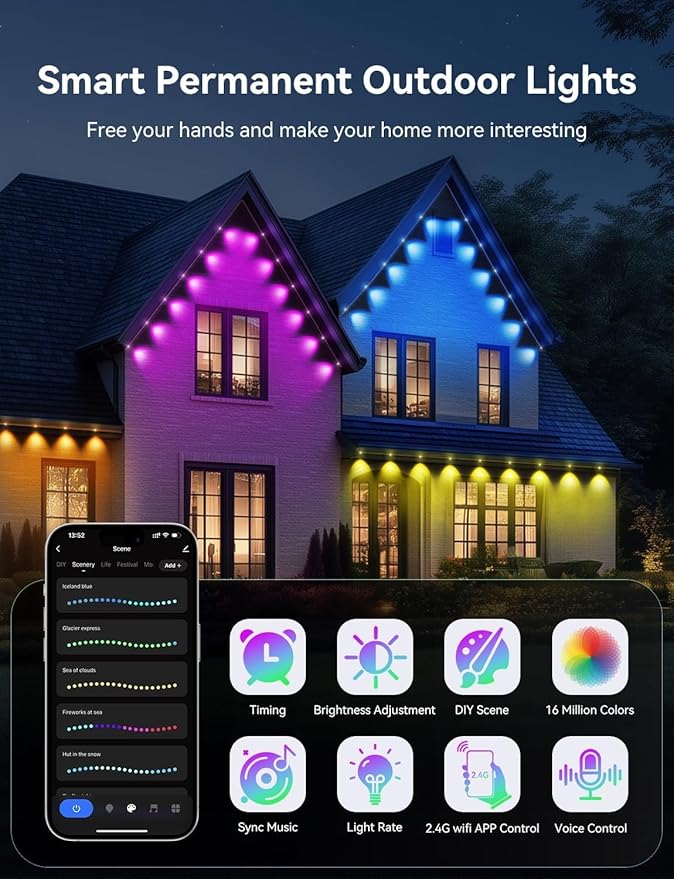 Permanent Outdoor Lights, 100ft with 72 IC+RGB LEDs, IP67 Waterproof Smart LED Eaves Lights with 48 Scene Modes for House Halloween Christmas Decor,Compatible with Alexa, Google Assistant