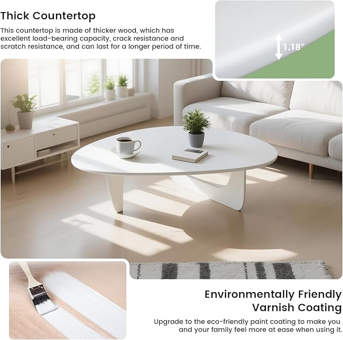 Solid Wooden Modern Triangle Coffee Table: Unique Funky Coffee Tables for Living Room, Oval Mid-Century Irregular Abstract Tea Tables for Patio Office Balcony Bedroom (White, 50" L x 31" W x 16" H)