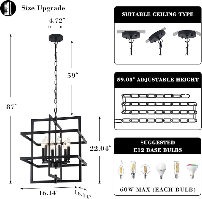 22.04" Modern Black Chandelier Geometric Pendant Light Fixture Hanging Industrial Farmhouse Chandeliers for Dining Room Kitchen Island Living Room Entryway Foyer Hallway 6 Light