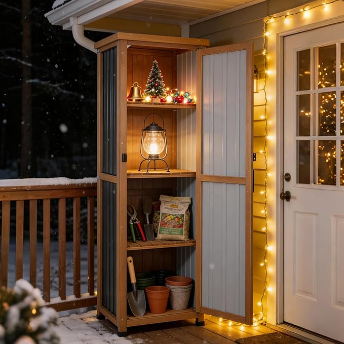 Outdoor Storage Cabinet, Wood & Metal Storage Shed with Weatherproof Roof, 3 Removable Shelves, Lockable Door, Adjustable Feet, Outside Storage Cabinet for Garage, Patio, Backyard