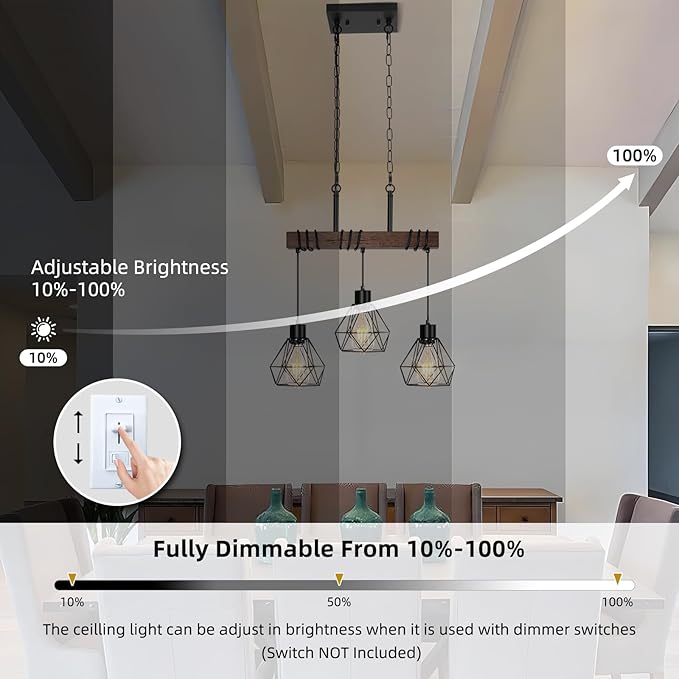3-Light Kitchen Island Pendant Lighting Over Island - Adjustable Height Linear Chandelier for Dining Room with Diamond Shades, Farmhouse Black Metal & Rustic Wood Ceiling Light Fixture, E26 Base