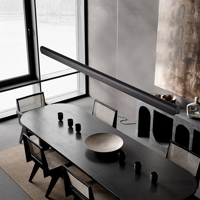 47inch Wood LED Linear Pendant Light, Dimmable Wood Ceiling Lamp,Minimalist Linear Chandelier, 36W Warm Light 3000K, Modern Kitchen Island Dining Room Lighting Black Adjustable Height