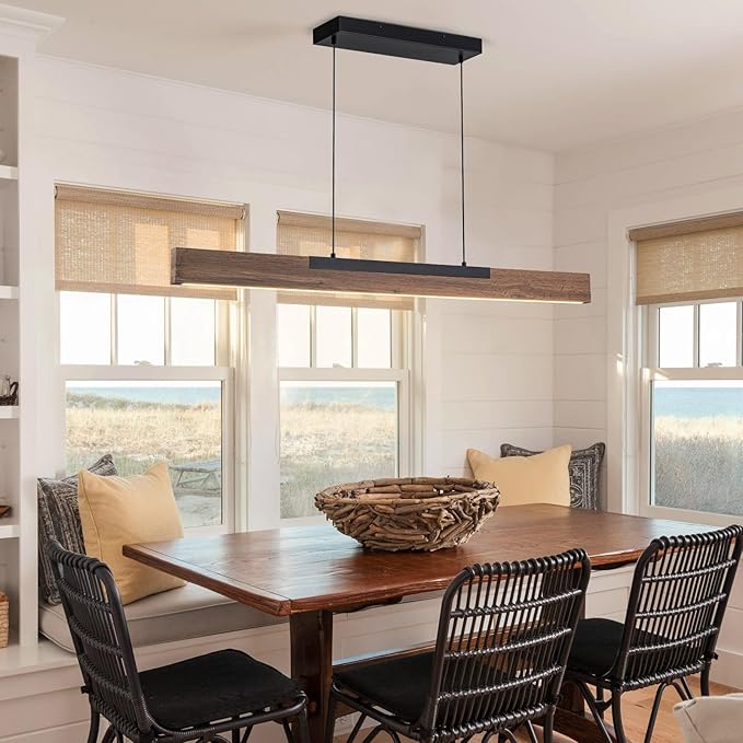 EDISLIVE 49.2 in Wood Linear LED Pendant Light Kitchen Island，Dimmable LED Island Light Adjustable Height 3000K for Dining Room - Black Walnut
